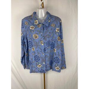 Appleseeds Blue Floral Button-Up Shirt Size 16 70% Lyocell 20% Cotton 6% Linen L